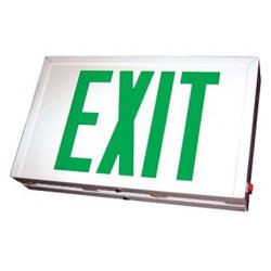SXTU2GEM Steel Housing Exit Sign, White, Battery Backup Green Letters