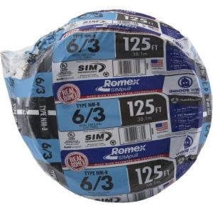Southwire 6-3-NM-B-Romex 6/3 W/G NM-B Romex, Non-Metallic Wire, Black, 125FT Coil
