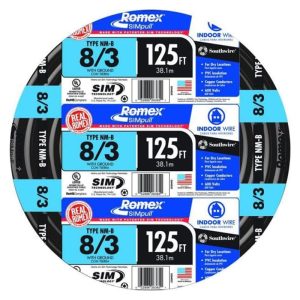 Southwire 8-3-NM-B-Romex 8/3 W/G NM-B Romex, Non-Metallic Wire, Black, 125FT Coil