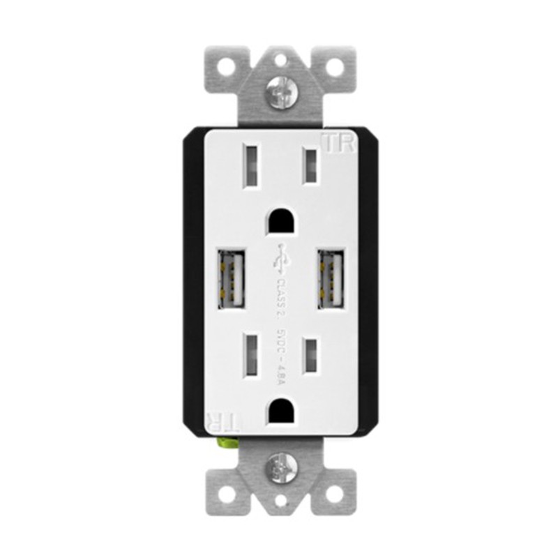 Enerlites 61501-TR2USB-CC-W Dual USB Charger 4.8A with 15A Tamper-Resistant Duplex Receptacles, White