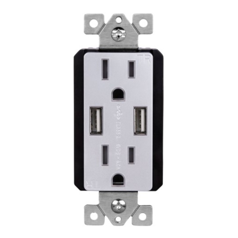 Enerlites 61501-TR2USB-S-SV Elite Series Dual USB Charger 4A with 15A Tamper-Resistant Duplex Receptacles, Silver