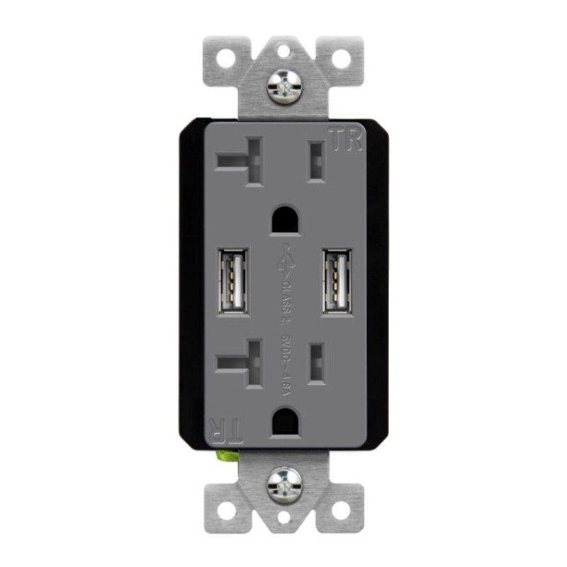 Enerlites 62001-TR2USB-CC-GY Gray Dual USB Charger 4.8A with 20A Tamper-Resistant Duplex Receptacles