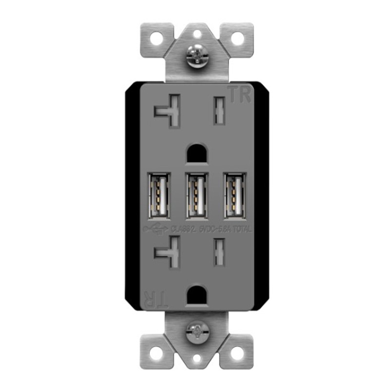 Enerlites 62001-TR3USB-CC-GY Gray Triple USB Charger 5.8A with 20A Tamper-Resistant Duplex Receptacles