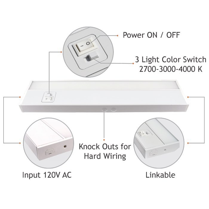 Lotus UCL1001-16-LED 16" Under Cabinet LED Bar 120V Dim 3CCT 27-30-40K 10W 900 lm CRI 90+