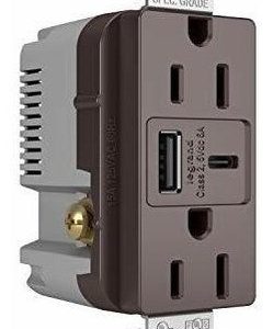 Legrand TR15USBAC Pass And Seymour 15A 125V Duplex Tamper-Resistant Receptacle And USBA-USBC 3.1A Brown