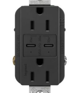 Legrand TR15HUSBAC6BK Pass And Seymour 15A 125V Hospital Grade Tamper-Resistant Receptacle And USBA And USBC Fast Charge Black
