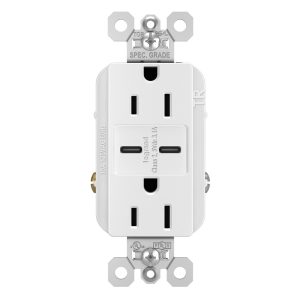 Legrand TR15USBCC6W Pass And Seymour 15A 125V Tamper-Resistant Receptacle And 2 USBC Fast Charge White