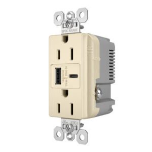 Legrand WRTR15USBAC6LA 15A 125V Weather-Resistant Tamper-Resistant Receptacle And USBA And USBC Fast Charge Light Almond