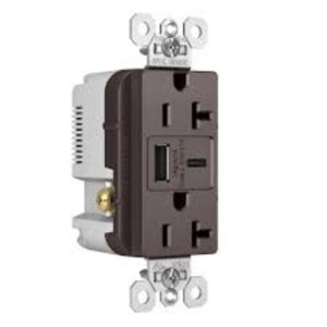 Legrand TR20USBAC Pass And Seymour 20A 125V Duplex Tamper-Resistant Receptacle And USBA-USBC 3.1A Brown