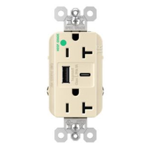 Legrand TR20HUSBAC6LA 20A 125V Hospital Grade Tamper-Resistant Receptacle And USBA And USBC Fast Charge Light Almond
