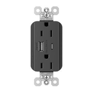 Legrand PTTR15ACUSBBK Pass And Seymour PlugTail 15A Hybrid AC USB Duplex Black