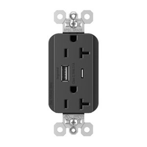 Legrand PTTR20ACUSBBK Pass And Seymour PlugTail 20A Hybrid AC USB Duplex Black