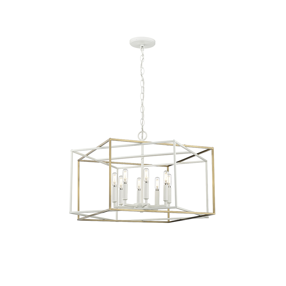 Millennium Lighting 22608-MW/VB Lowe Eight Light Pendant Matte White finish Vintage Brass finish